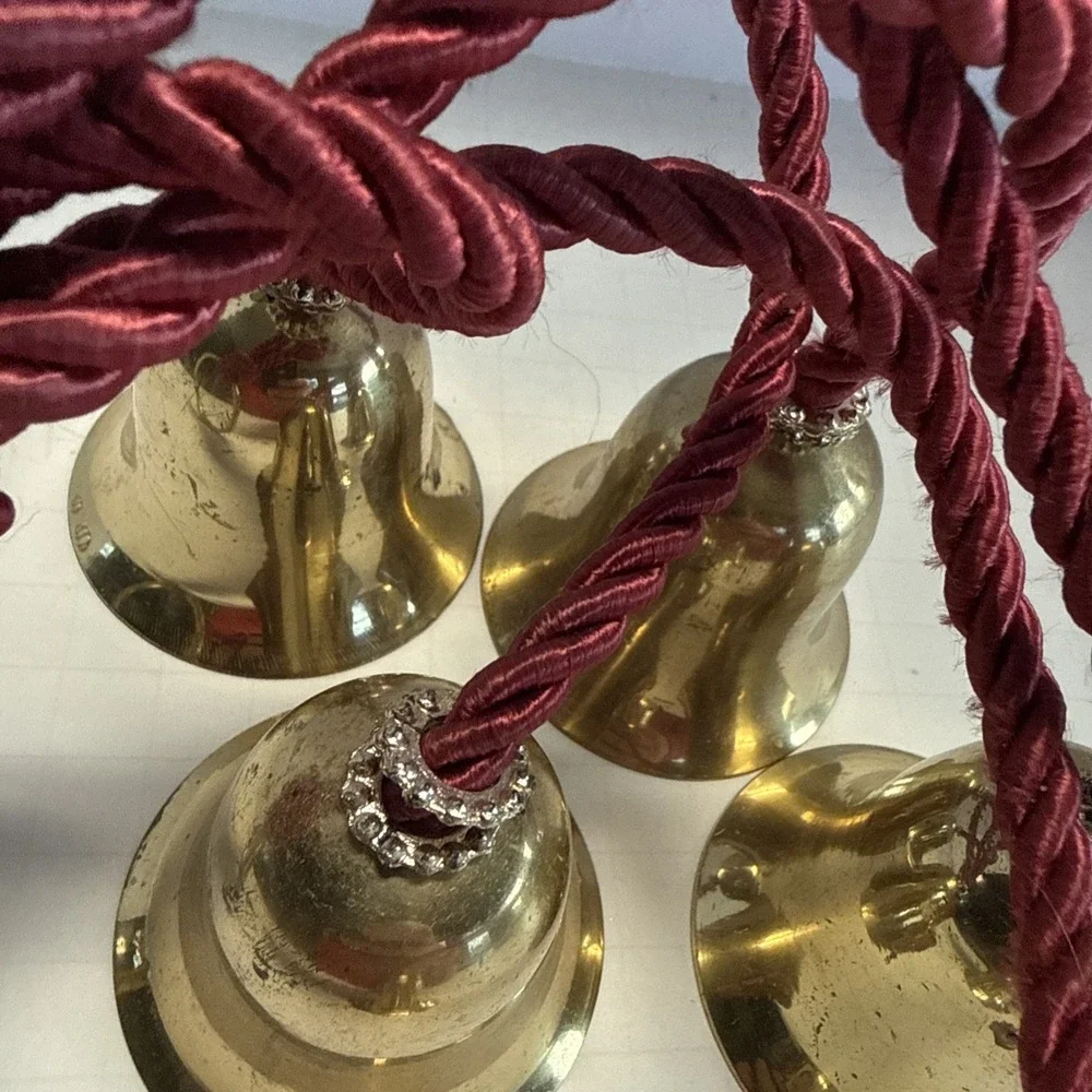 Vintage SET of 5 Vintage BRASS BELLS HANGING on CORD Doorknob Etc…